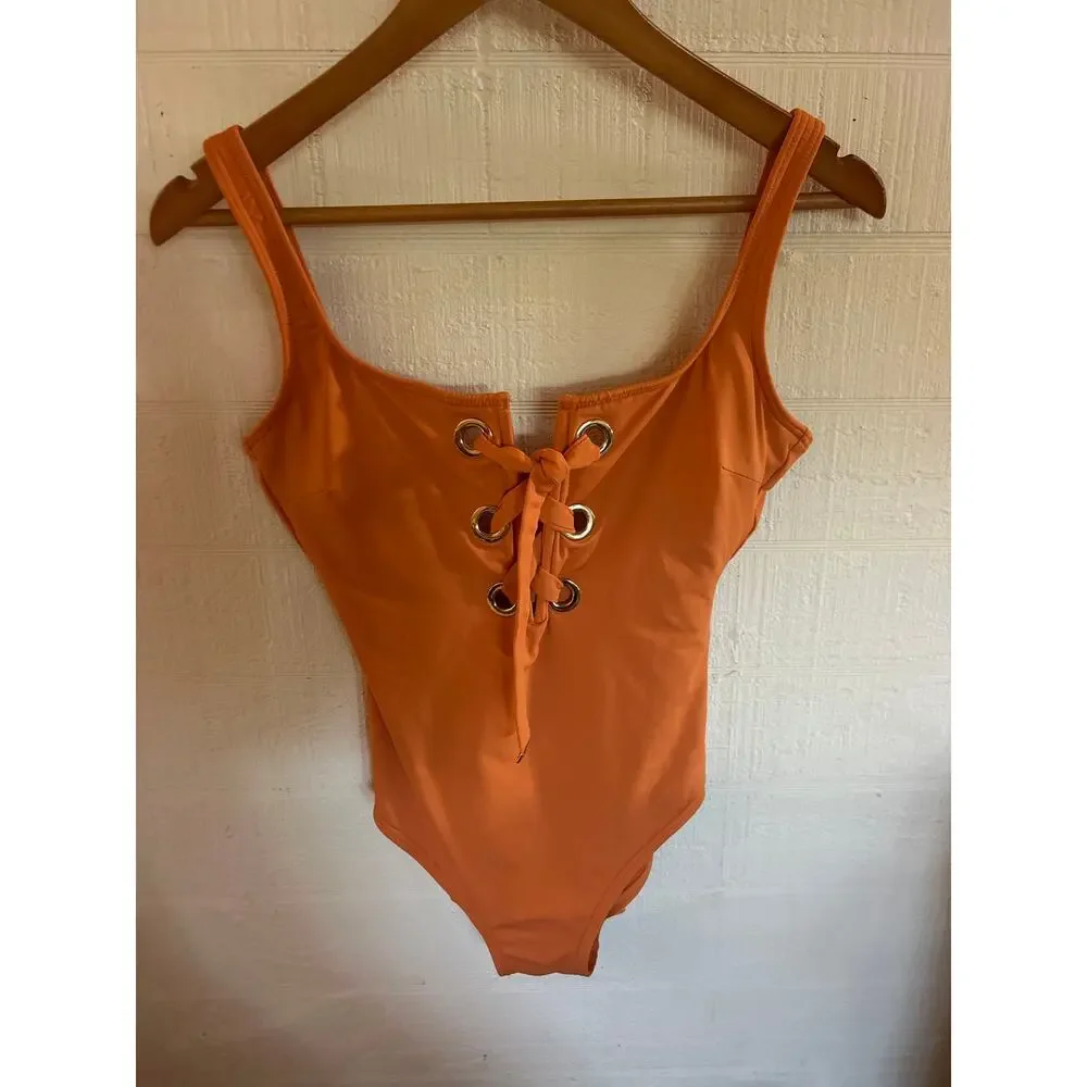 MICHAEL KORS Lace UP One Piece Swimsuit Orange Grommets Size 8 Padding Vacation
